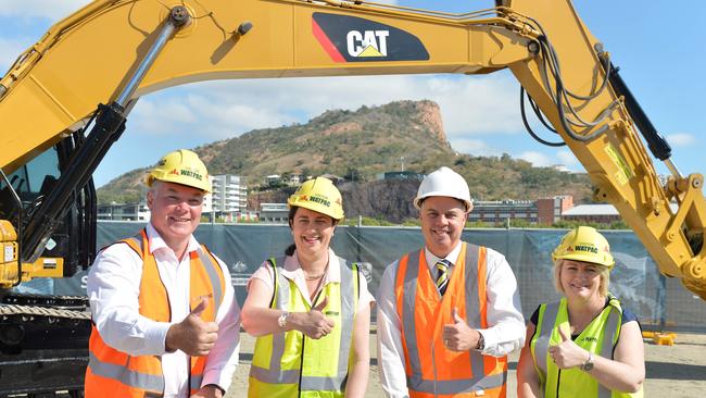 Premier Annastacia Palaszczuk (second from left) turns the sod for the new stadium in Townsville with northern candidates Scott Stewart, Aaron Harper and Coralee O'Rourke.