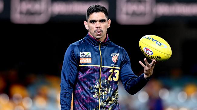 BRISBANE, AUSTRALIA – SEPTEMBER 04: Charlie Cameron of the Lions during the warm ups before the round 15 AFL match between the Brisbane Lions and the Collingwood Magpies at The Gabba on September 04, 2020 in Brisbane, Australia. (Photo by Bradley Kanaris/Getty Images)