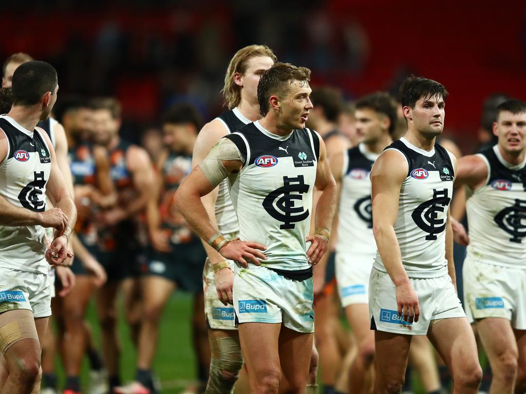 A dejected Carlton's Patrick Cripps after the GWS Giants v Carlton Round 17 AFL match at ENGIE Stadium, Sydney on July 6, 2024. Photo by Brett Costello (Image Supplied for Editorial Use only – **NO ON SALES** – Â©Brett Costello )