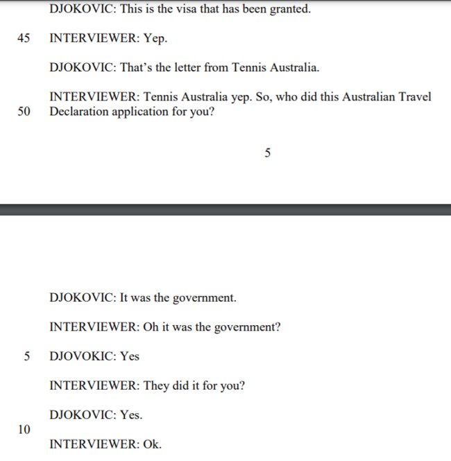 Interview transcripts reveal conflicting information from Djokovic during airport interrogation.