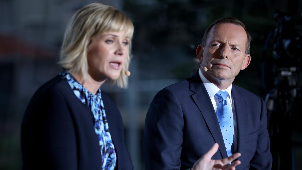 Warringah candidates Tony Abbott and Zali Steggall at the Sky News/Manly Daily debate. Picture: Damian Shaw/News Corp Australia.