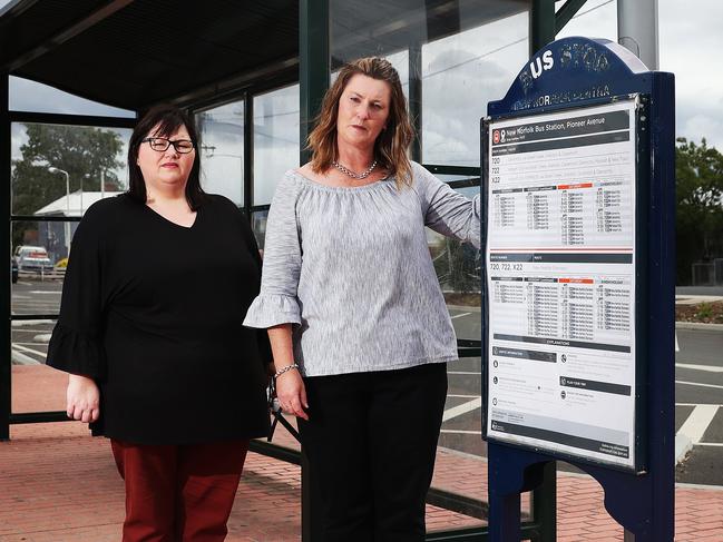 Selina Daley, of Magra, left, and Karen Stevens, of New Norfolk, at the New Norfolk central bus stop, are concerned about recent timetable changes to bus services from the Derwent Valley. Picture: NIKKI DAVIS-JONES