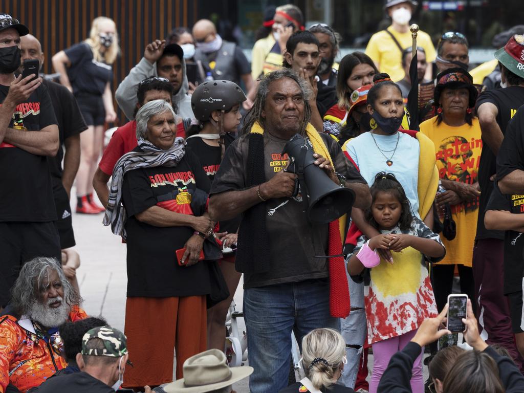 Activists gather in Garema Place in Canberra before a planned march to Old Parliament on Australia Day. Picture: Brook Mitchell/Getty Images