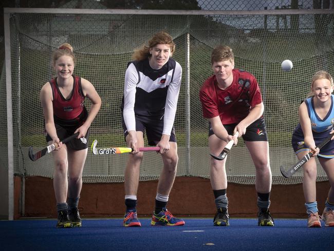 Stella Pritchard (Diamondbacks), Magnus McCausland (Derwent), Oliver Pritchard (Diamondbacks) and Lucy McMullen (NWG) at New Town. Picture Chris Kidd