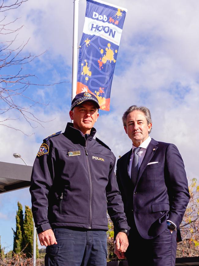 Clarence Divisional Inspector Brett Barry and Mayor of Clarence Brendan Blomeley at Rosny bus mall, launching the Dob in a Hoon campaign. Picture: Linda Higginson