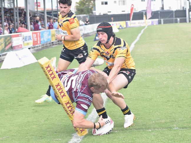 Winger Tom Farr goes in for the first of the CQ Capras tries in their 28-point win over the Sunshine Coast Falcons in the Hostplus Cup elimination semi at Browne Park.