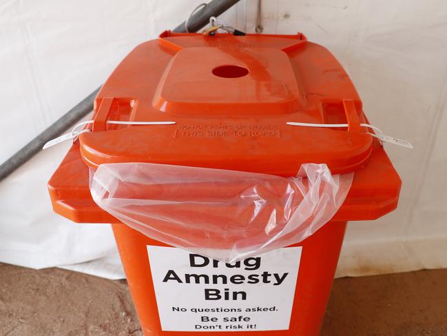 Drug amnesty bins outside the New Year’s Eve in the Park festival in Sydney. Picture: Nikki Short