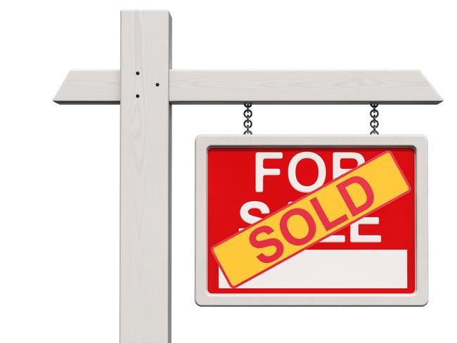 For Sale Real Estate Sign with Sold sticker, 3D rendering isolated on white background