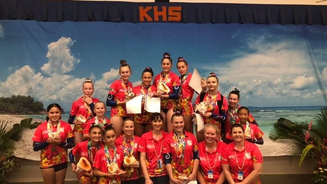 Toowoomba PCYC Gymnastic Club members (from back left) Amber Hartvigsen, Emily Box, Sami Nobbs, Courtney Thomson, Zahli Pratt, Hannah Quinn, Ryanda Craige, Kelsey-Rae Terry, Gemma Osmond, Cadence West, (front left) Emily Lindsay, Emily Miller, Sam Lowery, Rachel Pingel, Elina Schmidt, Maree Chin, Pretoria Naumann celebrate their success in Hawaii.