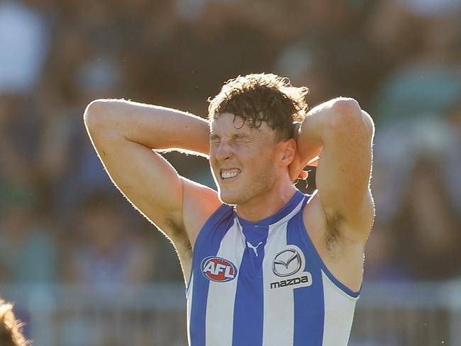 PERTH, AUSTRALIA - MARCH 01: Nick Larkey of the Kangaroos reacts after the loss during the 2025 AAMI AFL Community Series match between West Coast Eagles and North Melbourne Kangaroos at Hands Oval on March 01, 2025 in Bunbury, Australia. (Photo by James Worsfold/Getty Images)