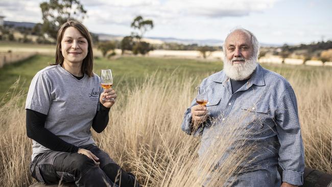 Lark Distillery is now Australia's first carbon neutral distillery. Bill Lark and distiller Silvia Segato outside the Cambridge distillery. Picture: EDDIE SAFARIK