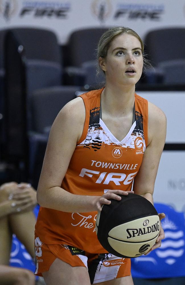 Saffron Shiels of the Fire warms up before the start of the WNBL match between Townsville Fire and Southside Flyers at Townsville Entertainment Centre, on February 21, 2024, in Townsville, Australia. (Photo by Ian Hitchcock/Getty Images)