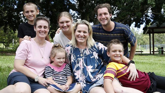 Mack Ashton-Bell, 10, Darcy Ashton-Norton, 15, Zac Ashton-Norton, 17, Lisa Quinn, Delaney Ashton-Quinn, 3, Shannon Ashton, and Caelan Ashton-Quinn, 6, pictured at a Brisbane park. Picture: Josh Woning)