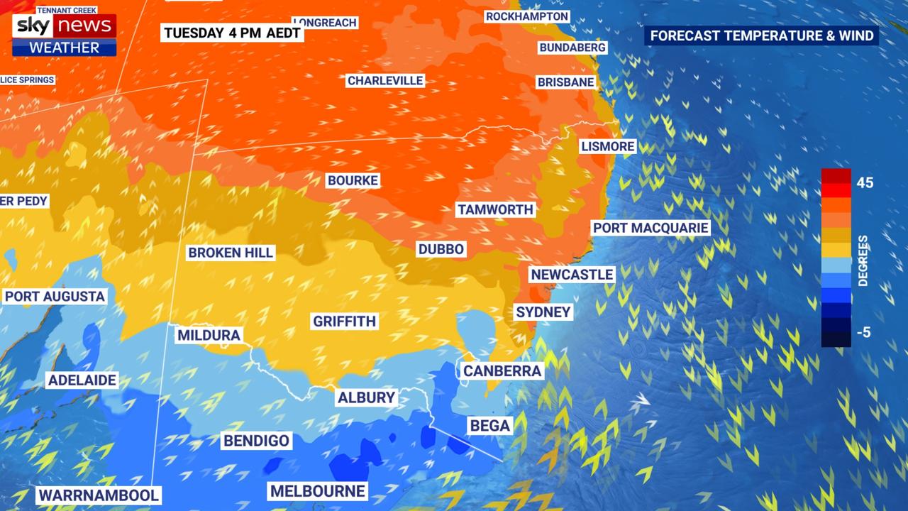 Hot and windy conditions are adding up to a catastrophic fire danger day across eastern parts of New South Wales. Picture: Sky News Weather.