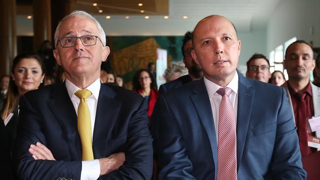 PM Malcolm Turnbull and Home Affairs Minister Peter Dutton attending a Refugee Week Event at Parliament House in Canberra. Picture Kym Smith