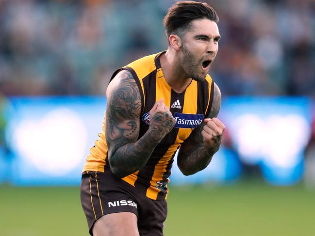 LAUNCESTON, AUSTRALIA - APRIL 28: Chad Wingard of the Hawks celebrates a goal during the 2019 AFL round 06 match between the Hawthorn Hawks and the Carlton Blues at UTAS Stadium on April 28, 2019 in Launceston, Australia. (Photo by Michael Willson/AFL Photos)