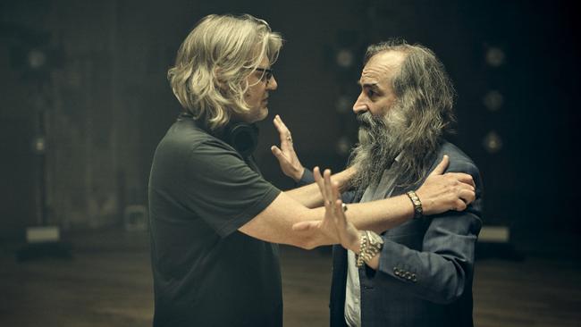 Australian musician Warren Ellis (right) with film director Andrew Dominik while filming in London, March 2021. Picture: Charlie Grey