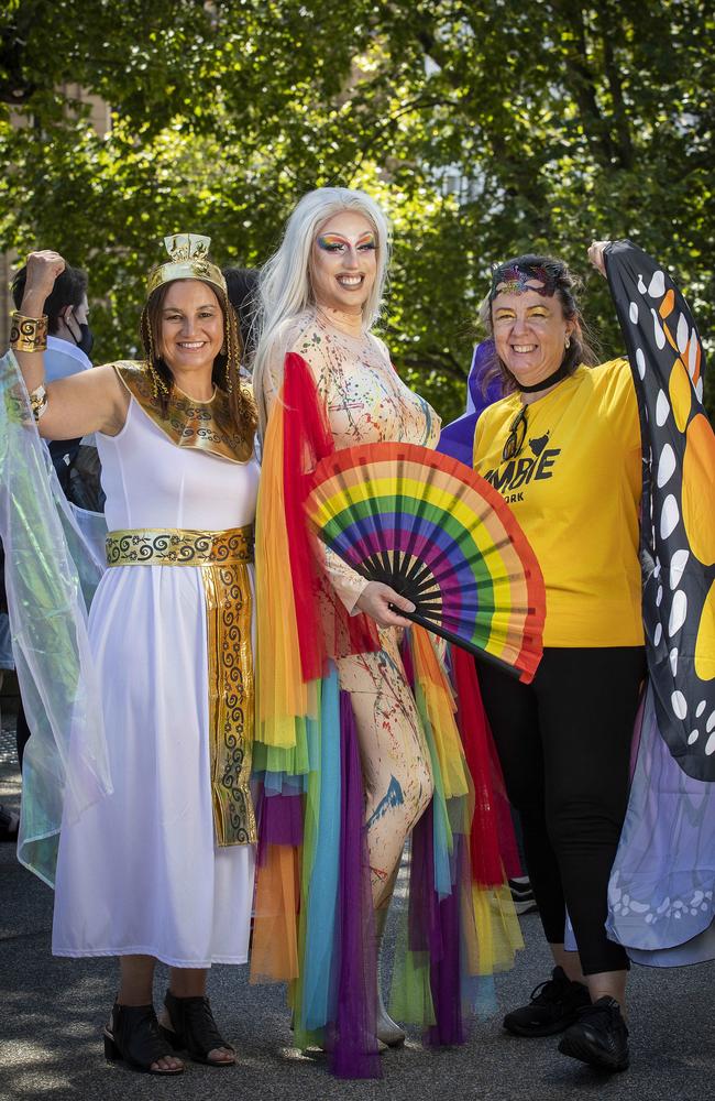 Senator Jacqui Lambie, Pussay Poppins and Senate candidate Tammy Tyrrell after the Pride Parade at Hobart. Picture: Chris Kidd