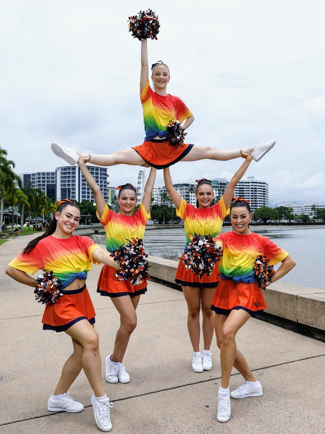 Cairns Taipans cheerleaders Matisse Bayldon, Layla Fitzgerald, Genaea Palmer, Emma Culic and Kimberley Vale will wear multicoloured uniforms to celebrate the diversity of the Taipans fans at this Sunday's NBL game against the Brisbane Bullets. Picture: Brendan Radke