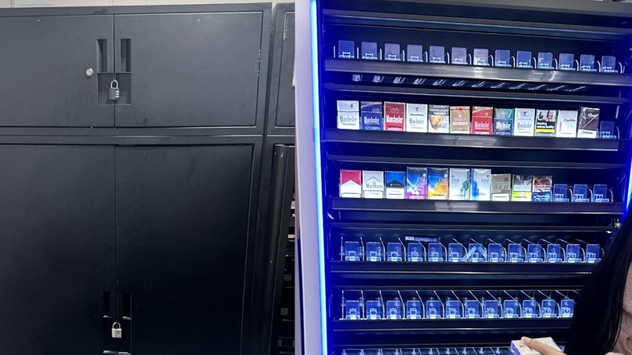 How cigarettes are legally displayed in Woolworths (left) and how they are displayed illegally at a tobacconist in Sydney (right). Picture: Supplied