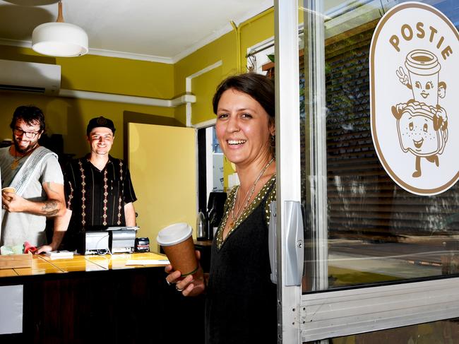 Barista Haakon Beyer and co-owners Kurt Bartlett and Rachel Craggs at Postie, a new, coffee shop/toastie place that’s just opened in the Darwin CBD. Picture: Katrina Bridgeford