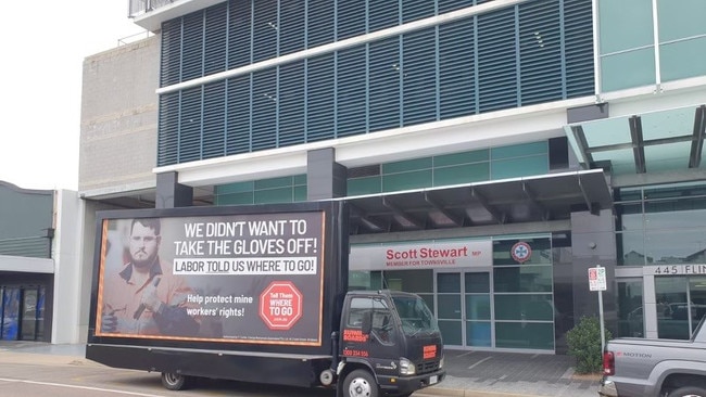 Mines Minister Scott Stewart's Townsville office is visited by an anti-Labor billboard this week. Picture: Supplied.