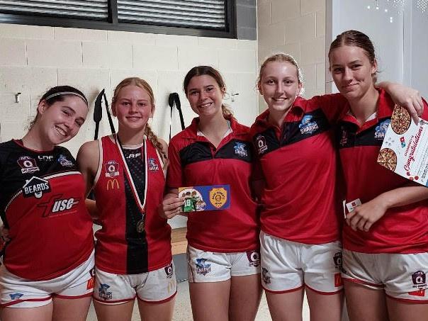 Redland-Victoria Point leaders against the Roos, Tyra Bell-Brooks, left, Annie Wallace,Georgia Hunt, Sienna Peckham and Tegan Hamilton.