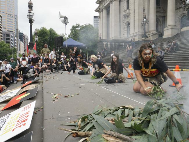 Huge crowds gather outside Victorian Parliament House in Melbourne for the annual Invasion Day Rally on Australia Day in Melbourne. Picture: NewsWire