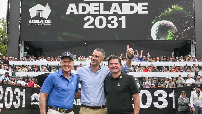 Greg Norman, South Australia's Premier Peter Malinauskas, and LIV Golf chief executive Scott O'Neil announced Adelaide had secured the LIV tournament until 2031. Picture: Brenton Edwards / AFP