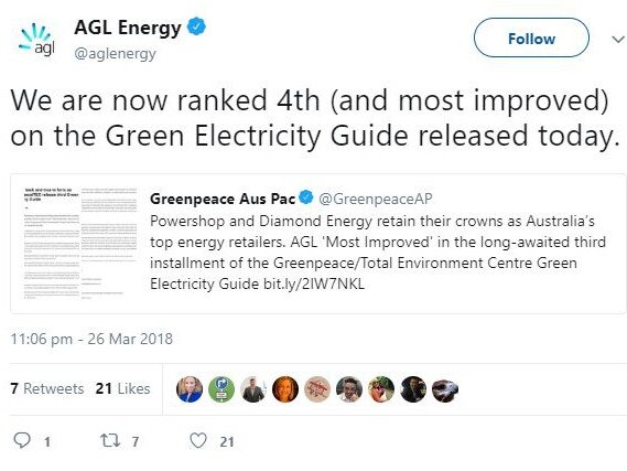 The tweet from AGL Energy boasting its ‘greenness’. Source: Twitter @aglenergy