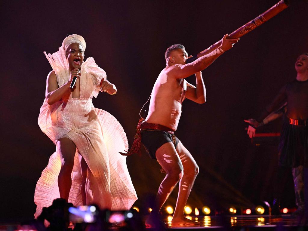 Australian was officially represented in the Eurovision semi-final by Electric Fields, which brought Indigenous culture to the contest for the first time. Keyboardist and producer Michael Ross and vocalist Zaachariaha Fielding, pictured left, were accompanied by Fred Leone, right, on the yidaki (didgeridoo). Picture: Jessica Gow/TT News Agency/AFP/Sweden OUT