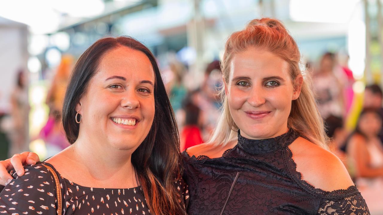 Rachael Langley and Rebecca Mahan at the 2021 Darwin Cup Carnival Bridge Toyota Ladies’ Day. Picture: Che Chorley