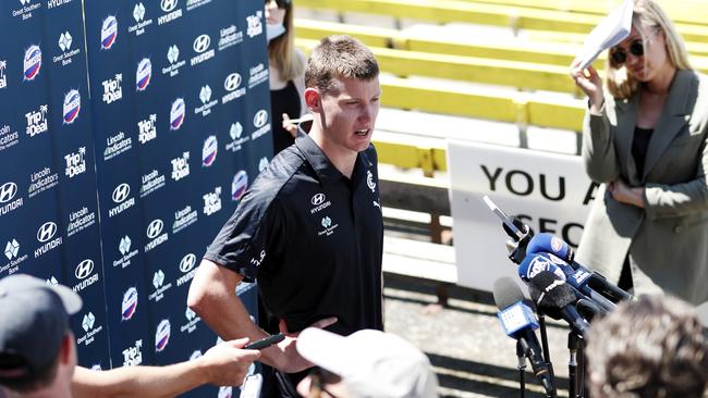 Sam Walsh addresses the media after the hitout. Picture: AFL Photos via Getty Images