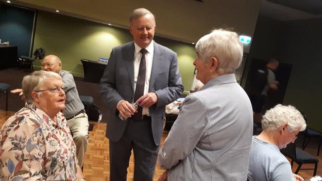 June Smith and Pam Soroczynski chat with Leader of the Labor Party Anthony Albanese before his speech at the Coffs Harbour C.ex Club.