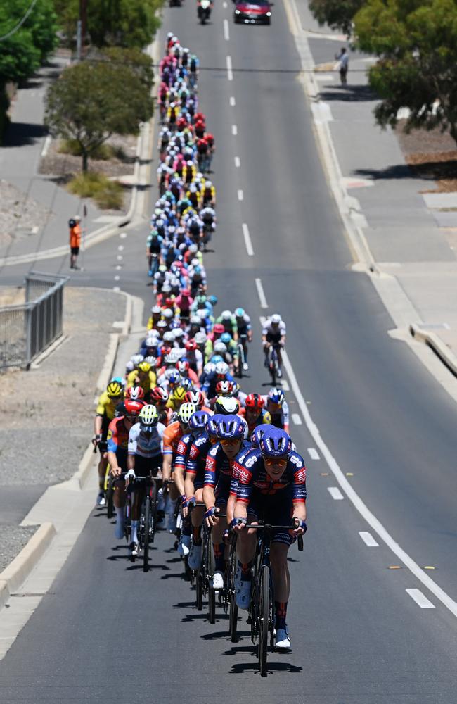 Julius Van Den Berg leads the peloton during the 25th Santos Tour Down Under 2025. Picture: Getty Images