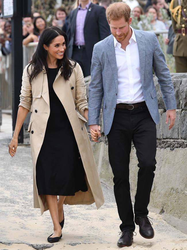 The Duke and Duchess of Sussex arrive for a beach clean with Albert Park Primary School students. Picture: AAP