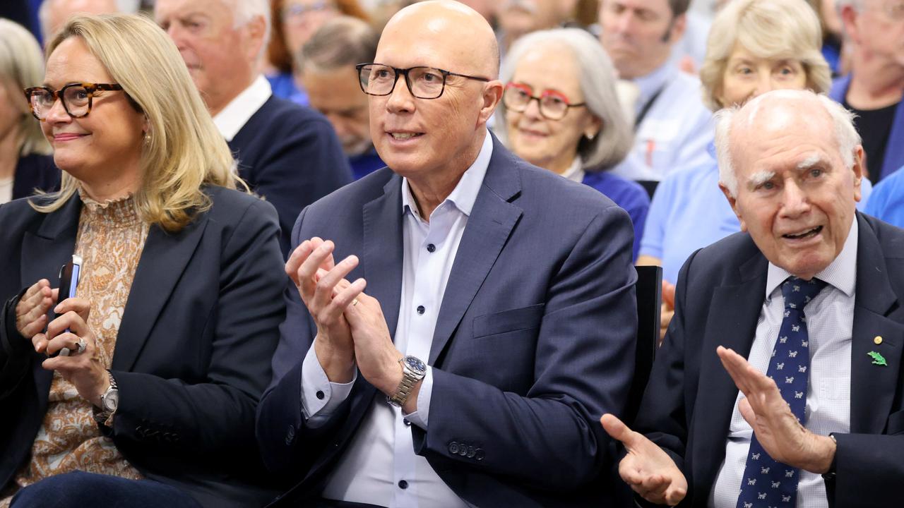 Peter Dutton and former Prime Minister John Howard sat together at Monavale Bowling club. Sydney. Picture: NewsWire / Damian Shaw