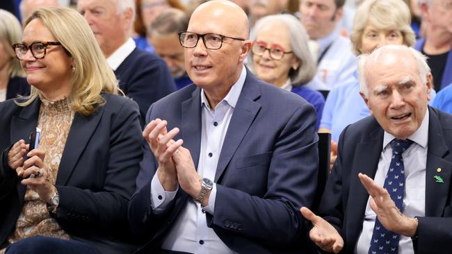 Peter Dutton and former Prime Minister John Howard sat together at Monavale Bowling club. Sydney. Picture: NewsWire / Damian Shaw