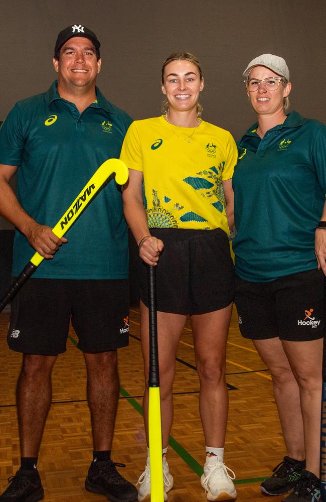 Travis Carroll, Mariah Williams and Shana-Ann Casimiro as Olympians and scholarship coaches run training sessions for Katherine youth at RAAF Base Tindal. Picture: Pema Tamang Pakhrin