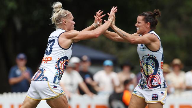 Erin Phillips celebrates one of her four goals.