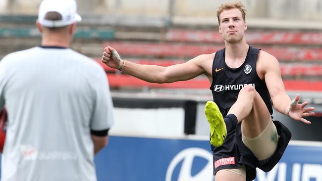 Harry McKay kicks at goal at training. Picture: Michael Klein