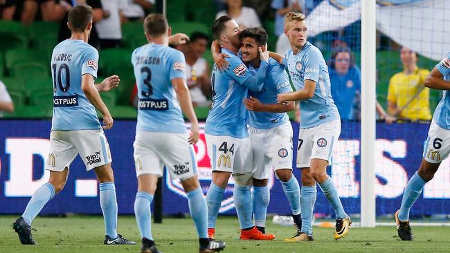 Melbourne City celebrates. (Photo by Darrian Traynor/Getty Images)