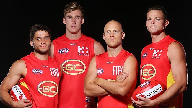 Gold Coast's 2016 leadership group, which featured Gary Ablett, Dion Prestia, Tom Lynch and Steven May.