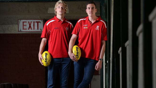 SPORT - Two young players from South Fremantle hoping to get picked up in this years AFL draft. Photo by Daniel Wilkins. PICTURED- Billy Frampton and Cameron Loersch