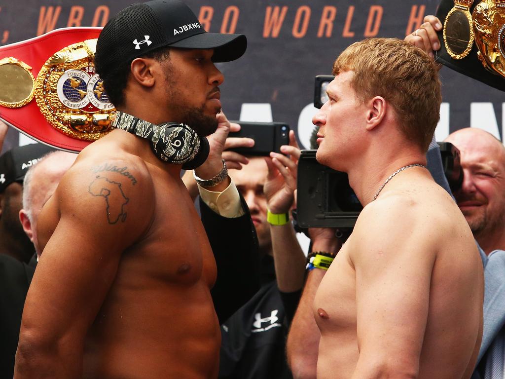 Anthony Joshua and Alexander Povetkin face off in London. (Photo by Jack Thomas/Getty Images)