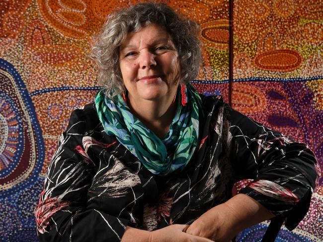 ART GALLERY OF SA. Artistic director Nici Cumpston launches this yearÕs Tarnanthi indigenous art festival program highlights. She is pictured in front of large triptych painting ÒAntaraÓ by Ngupulya Pumani from Mimili Maku Arts. Picture: Tricia Watkinson