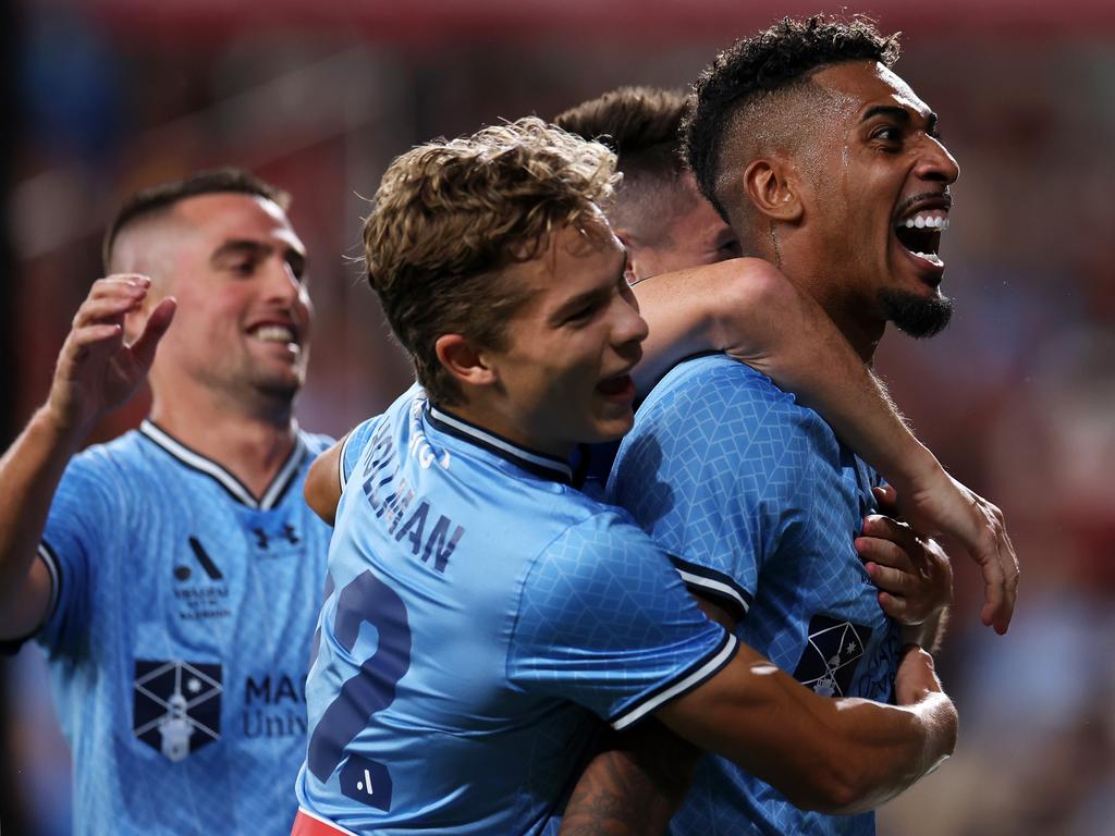 Fabio Gomes celebrates one of his two goals against the Wanderers. Picture: Getty Images