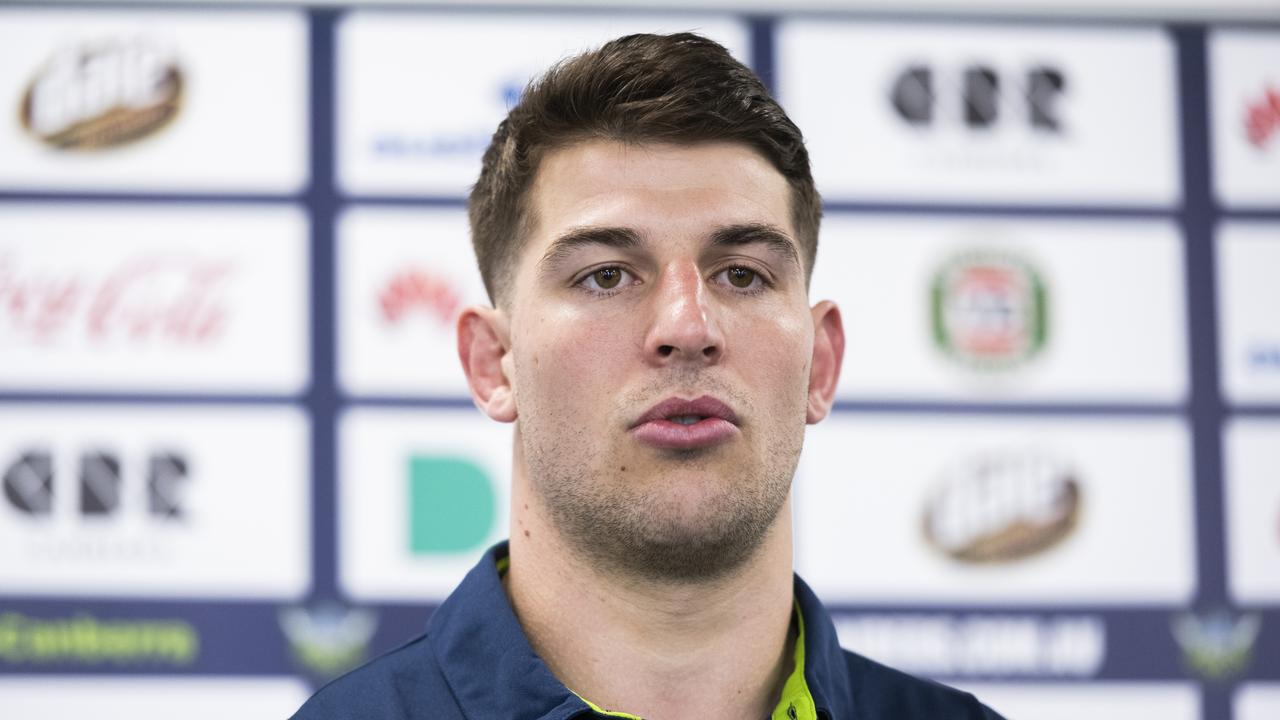 CANBERRA, AUSTRALIA - SEPTEMBER 11: Canberra Raiders NRL player Curtis Scott speaks to the media during a press conference on September 11, 2020 in Canberra, Australia. Scott was charged after being arrested on Australia Day in Sydney earlier this year. (Photo by Rohan Thomson/Getty Images)