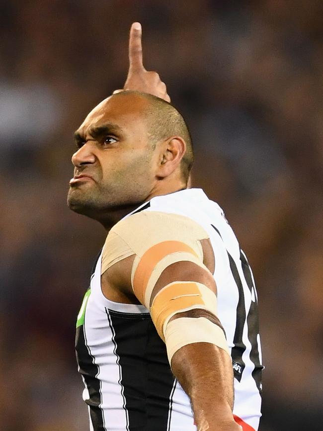 Varcoe celebrates kicking a goal during the Preliminary Final win against Richmond. Picture: Quinn Rooney/Getty Images