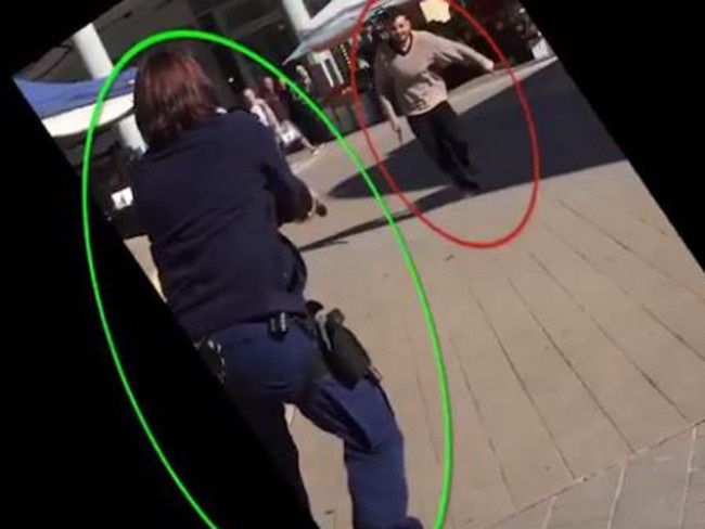 The moment senior constable Kate Gough shot Jerry Sourian after he lunged towards her with a knife in Hornsby Mall.